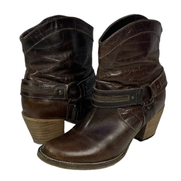 Dingo Metro Leather Ankle Boots Size 9 Harness Zipper Accents Urban Boot Brown - Picture 2 of 8